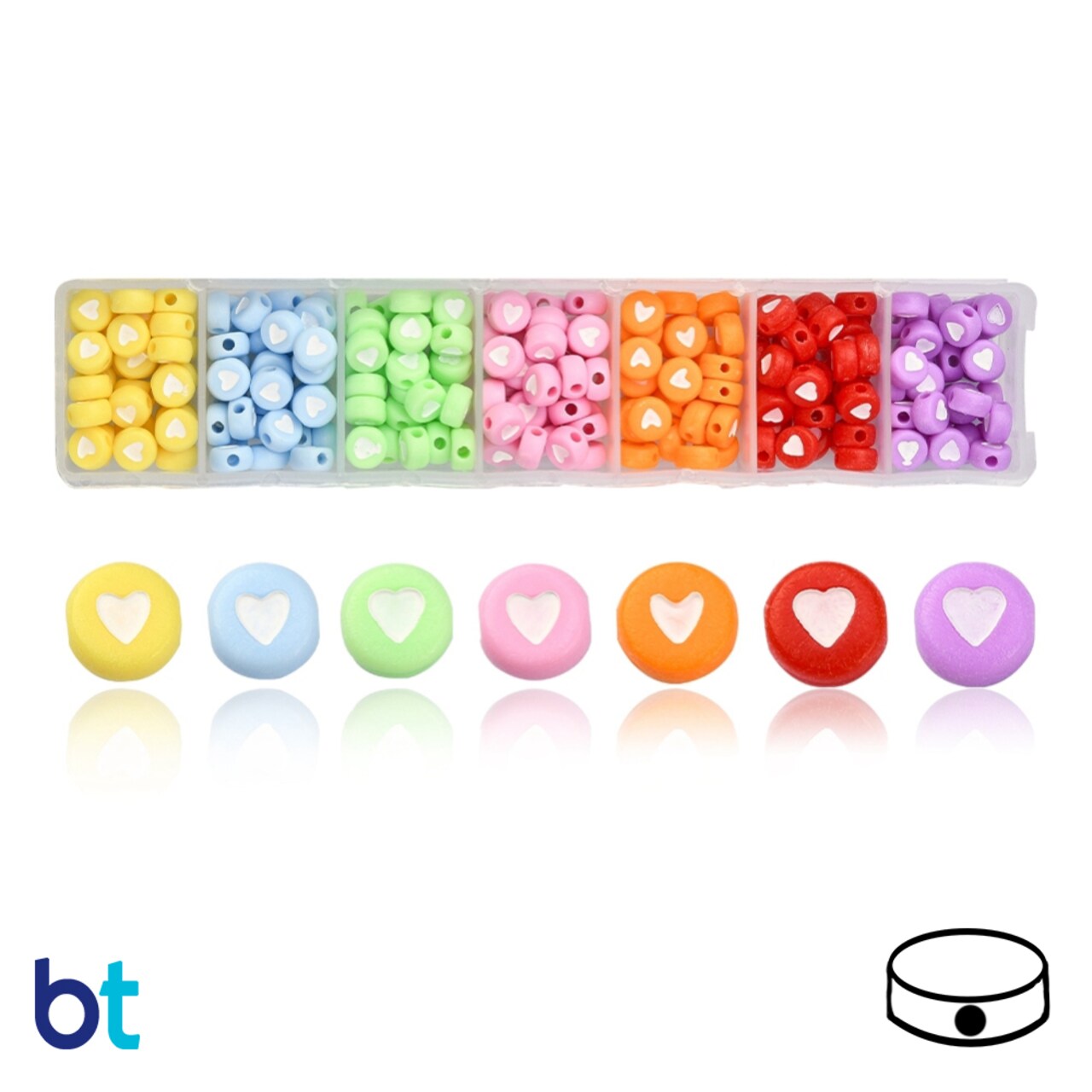 BeadTin Mixed Opaque 7mm Coin Alpha Beads - White Hearts (Box/7 Colors)